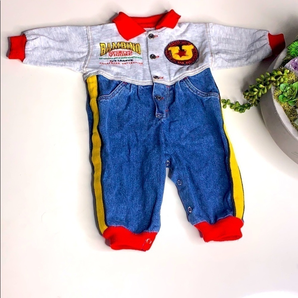 Vintage Bambino Ivy League denim cotton collar jumpsuit romper baby 6-9 months